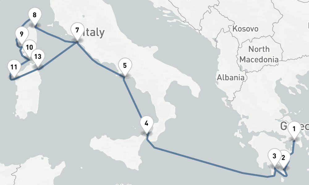 14 nights / 15 days, one-way from Piraeus (Athens, Greece) to Civitavecchia (Rome, Italy)