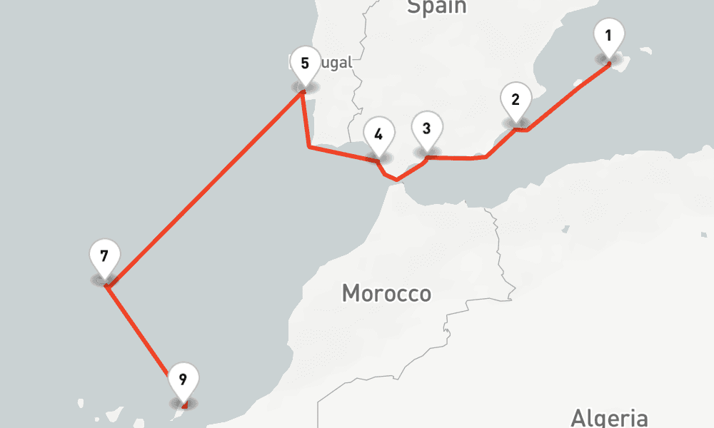 11 nights / 12 days, one-way from Palma de Mallorca (Majorca Island, Spain) to Puerto del Rosario (Fuerteventura, Canary Islands)