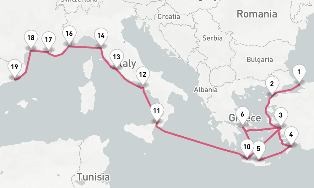 21 nights / 22 days, one-way from Istanbul to Barcelona