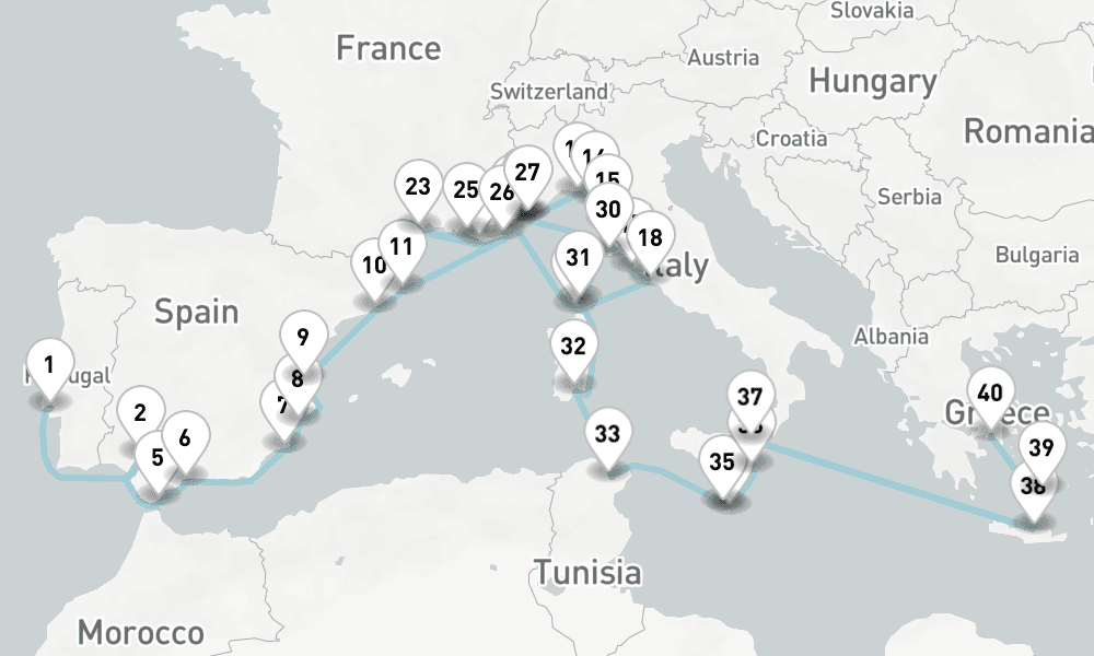 41 nights / 42 days, one-way from Lisbon to Piraeus (Athens, Greece)