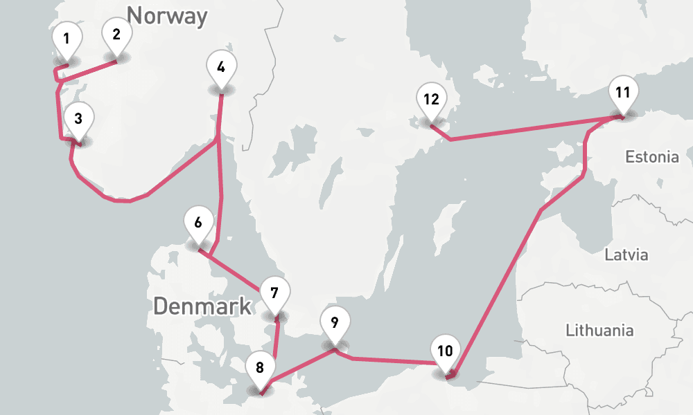 14 nights / 15 days, one-way from Bergen to Stockholm