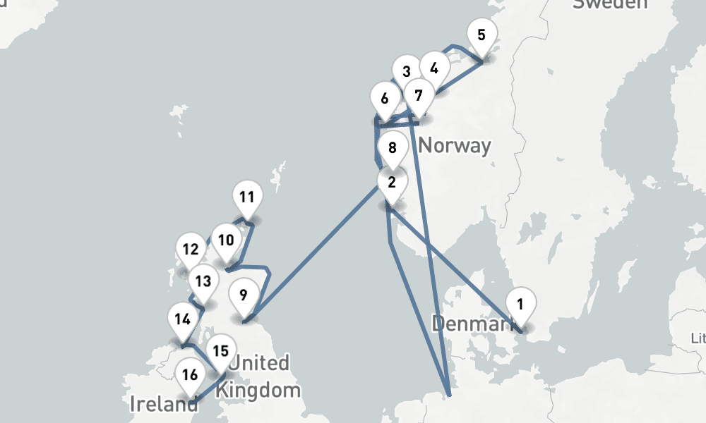 18 nights / 19 days, one-way from Copenhagen to Dublin