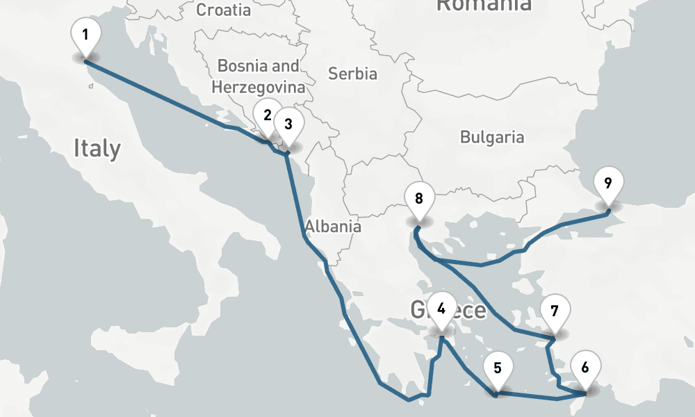 10 nights / 11 days, one-way from Ravenna to Istanbul