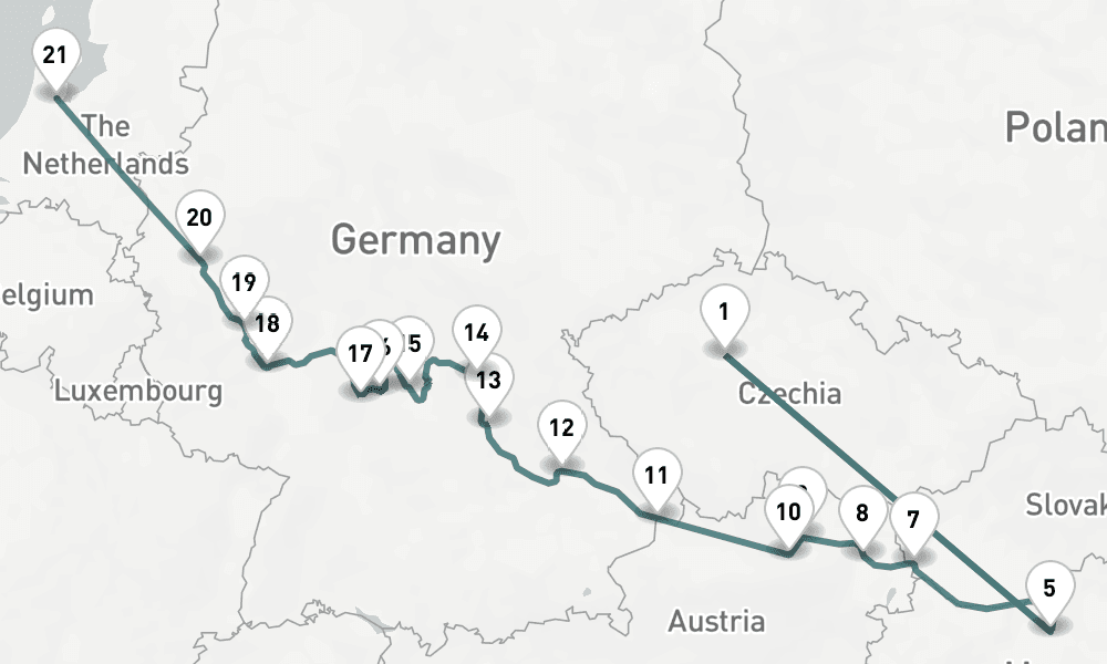 17 nights / 18 days, one-way from Prague (Czech Republic) to Amsterdam (Holland)