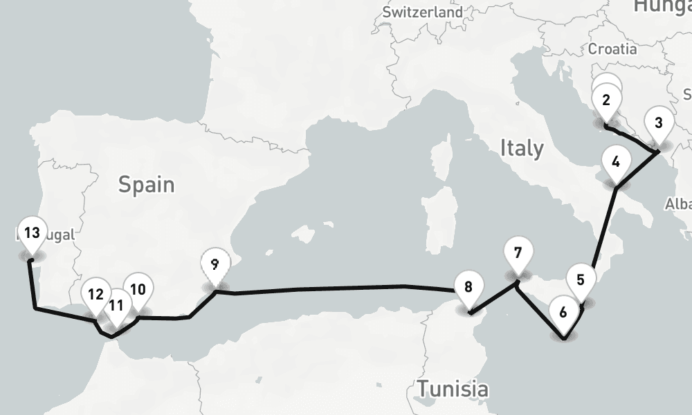 15 nights / 16 days, one-way from Split to Lisbon