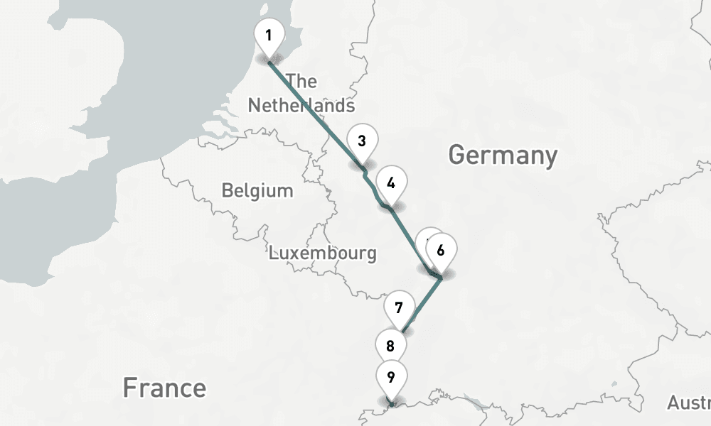 10 nights / 11 days, one-way from Amsterdam (Holland) to Basel