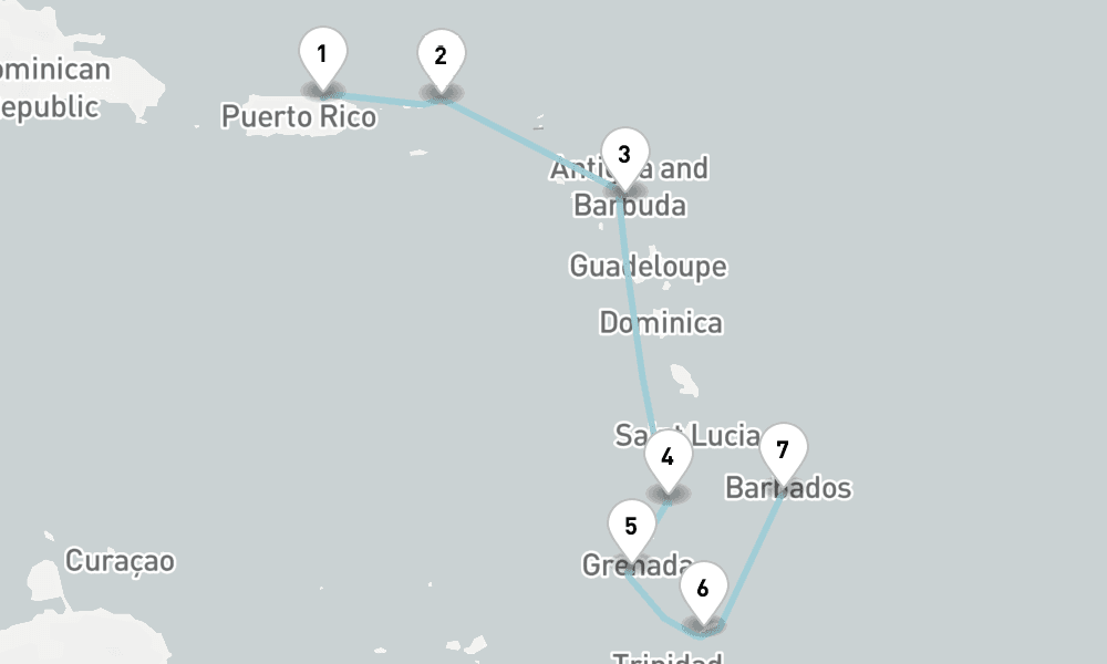 7 nights / 8 days, one-way from San Juan (Puerto Rico) to Bridgetown (Barbados)