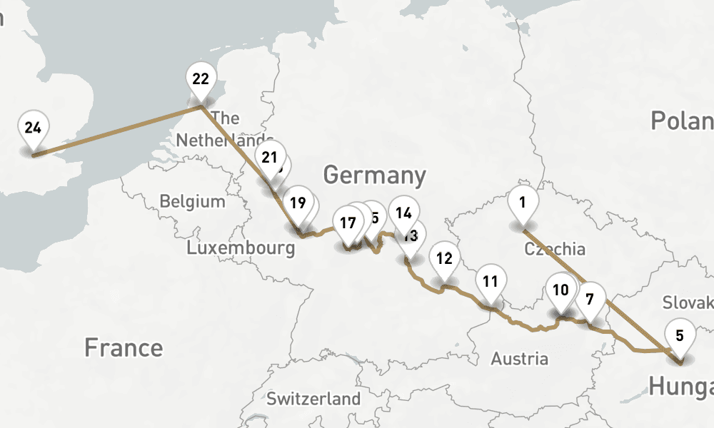 20 nights / 21 days, one-way from Prague (Czech Republic) to Greenwich (London, England)