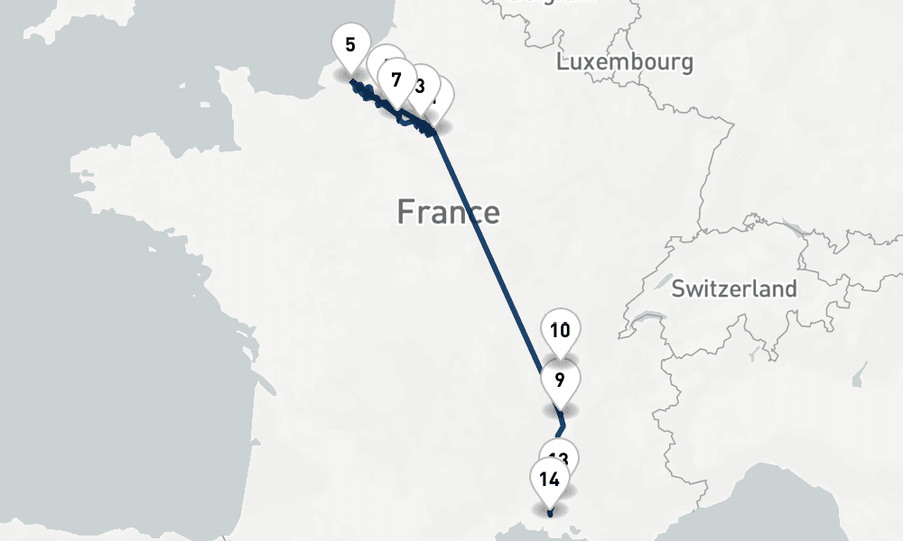 14 nights / 15 days, one-way from Paris to Arles