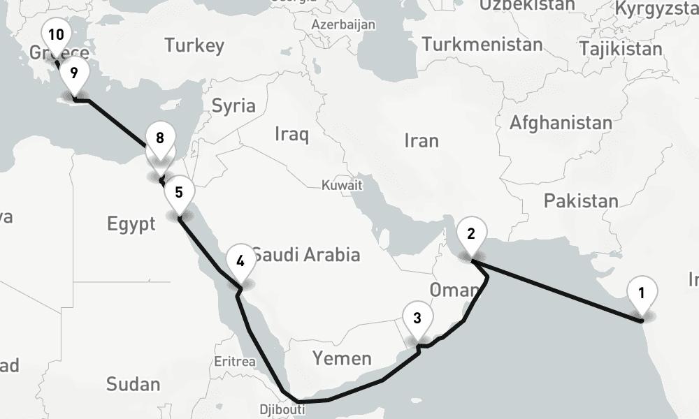 17 nights / 18 days, one-way from Mumbai (Bombay, India) to Piraeus (Athens, Greece)