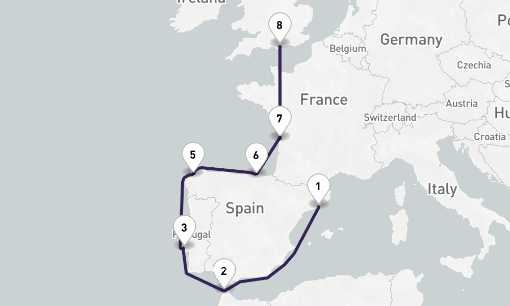10 nights / 11 days, one-way from Barcelona to Portsmouth (England)