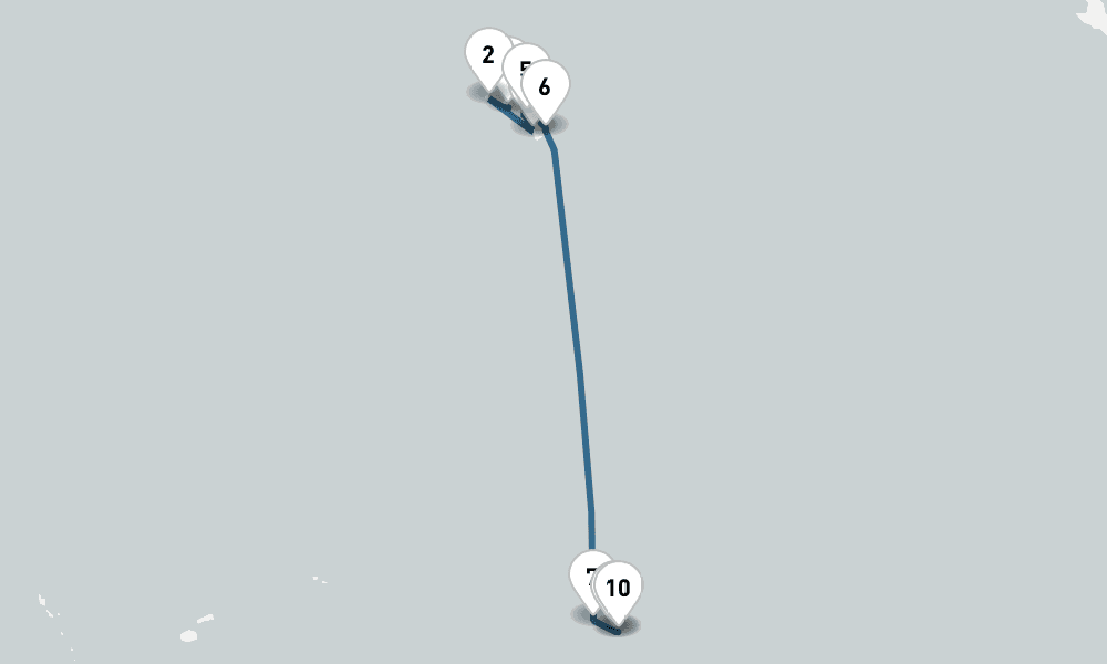 14 nights / 15 days, one-way from Honolulu (Oahu Island, Hawaii) to Papeete (Tahiti Island, French Polynesia)