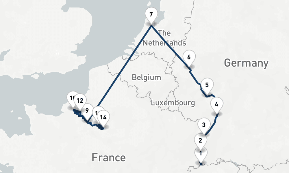 14 nights / 15 days, one-way from Basel to Paris