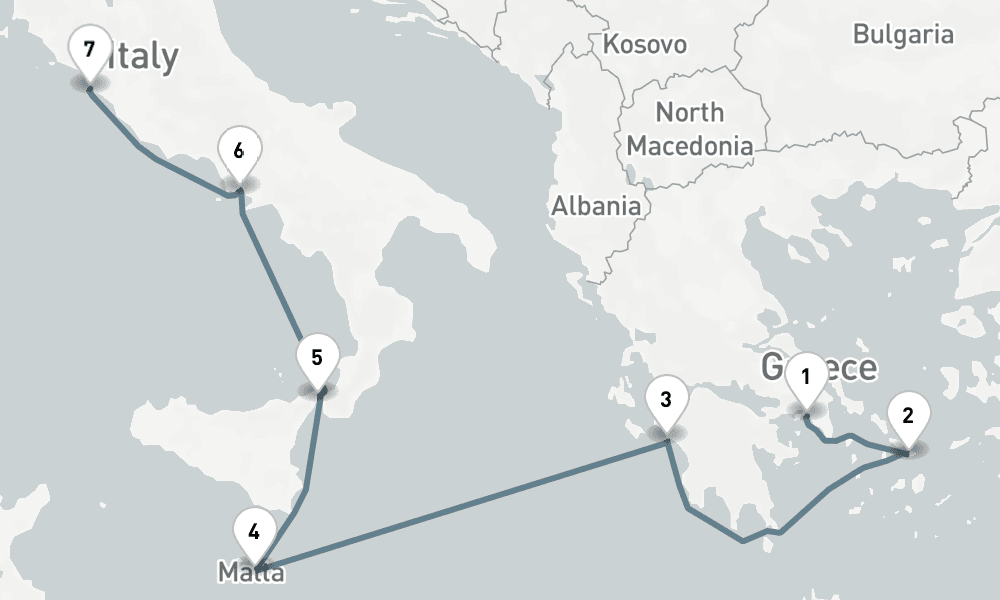 7 nights / 8 days, one-way from Piraeus (Athens, Greece) to Civitavecchia (Rome, Italy)