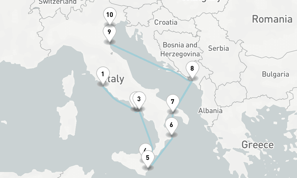 11 nights / 12 days, one-way from Civitavecchia (Rome, Italy) to Venice