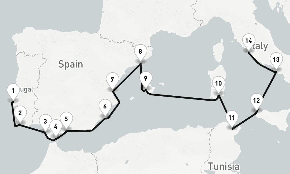 14 nights / 15 days, one-way from Lisbon to Civitavecchia (Rome, Italy)