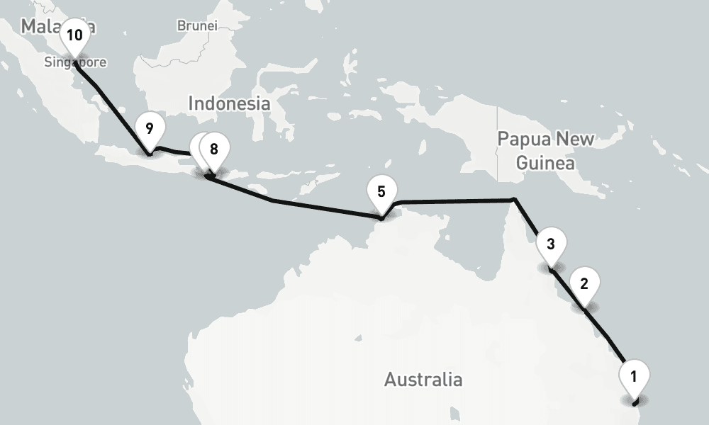 18 nights / 19 days, one-way from Brisbane (Queensland, Australia) to Singapore