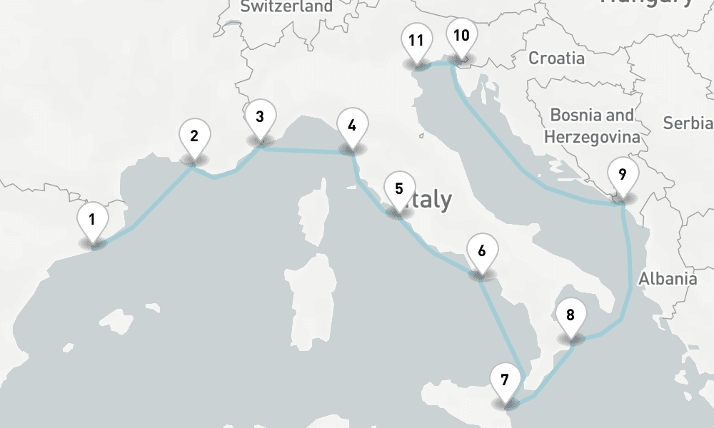 11 nights / 12 days, one-way from Barcelona to Venice