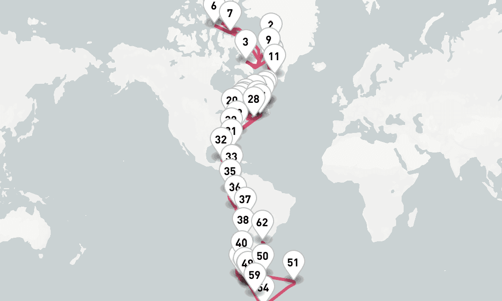 85 nights / 86 days, one-way from Nuuk (Greenland) to Buenos Aires