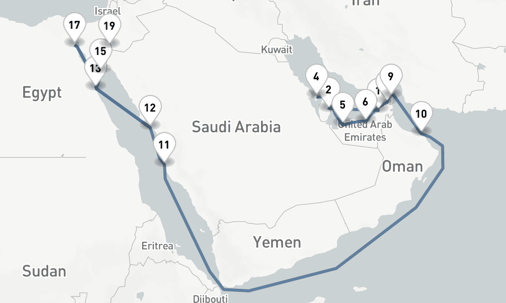26 nights / 27 days, one-way from Dubai (Port Rashid, UAE) to Aqaba