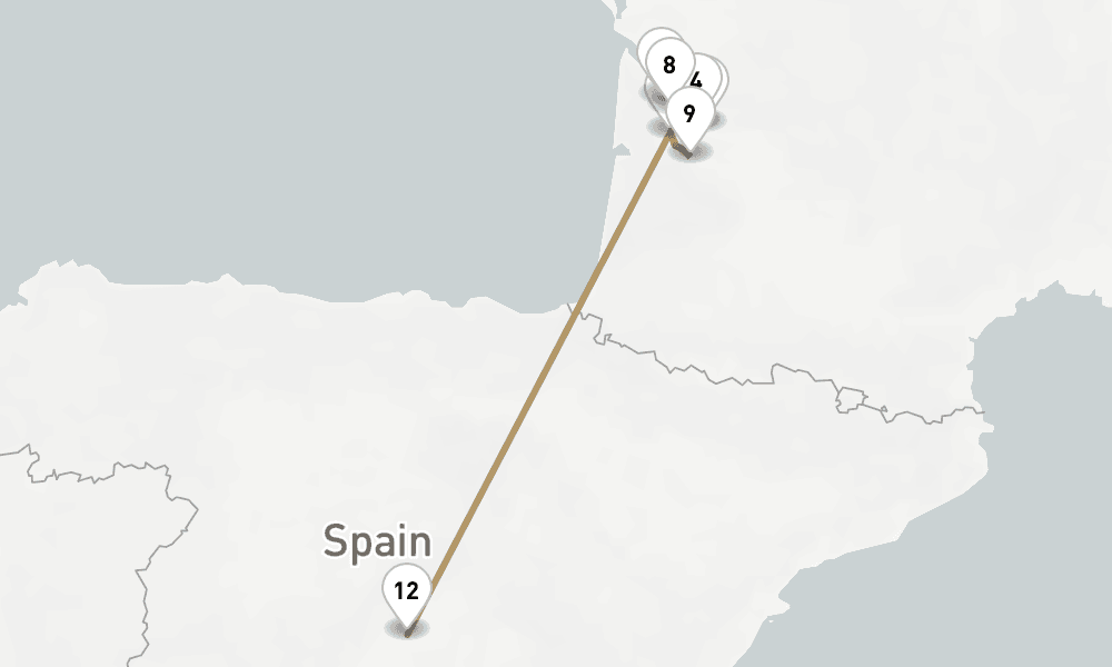 10 nights / 11 days, one-way from Bordeaux to Madrid