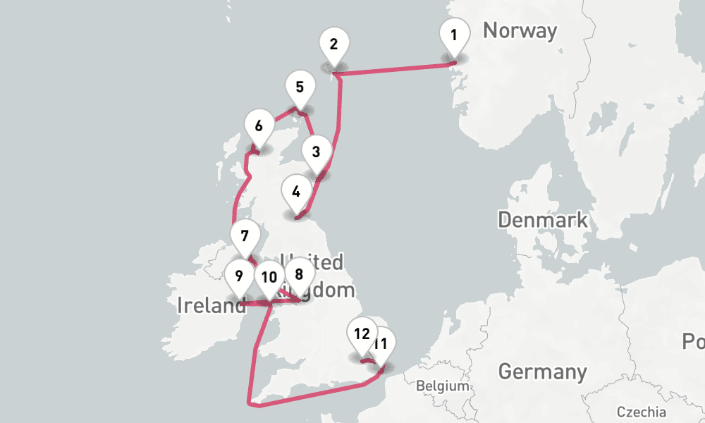 14 nights / 15 days, one-way from Bergen to Tilbury (London, England)