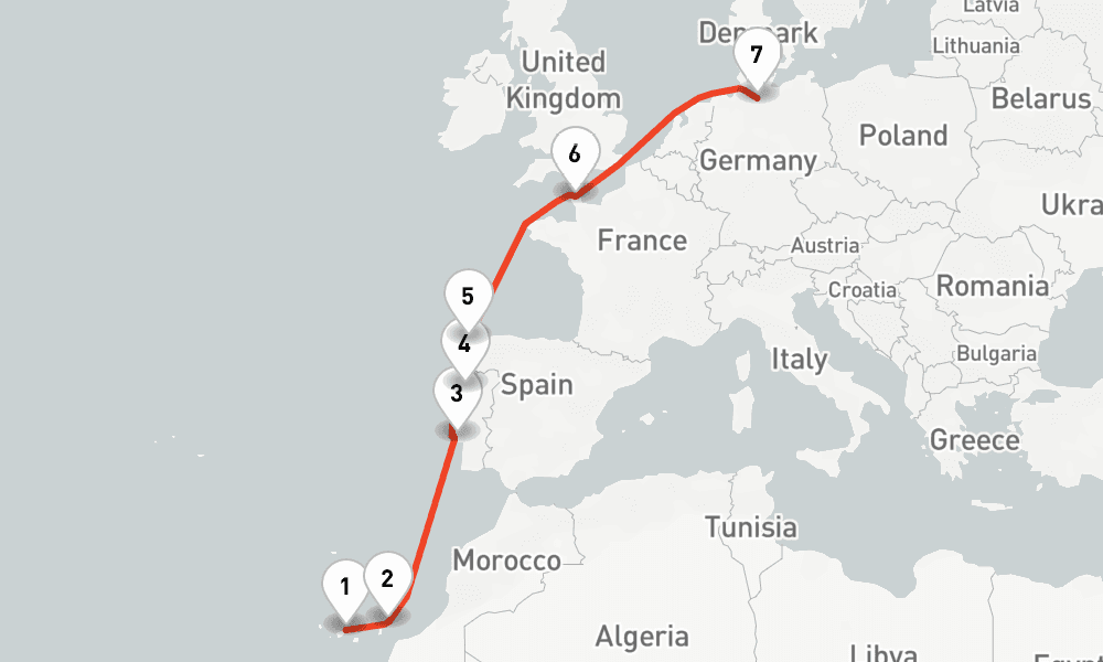 9 nights / 10 days, one-way from Santa Cruz de Tenerife (Canary Islands) to Hamburg