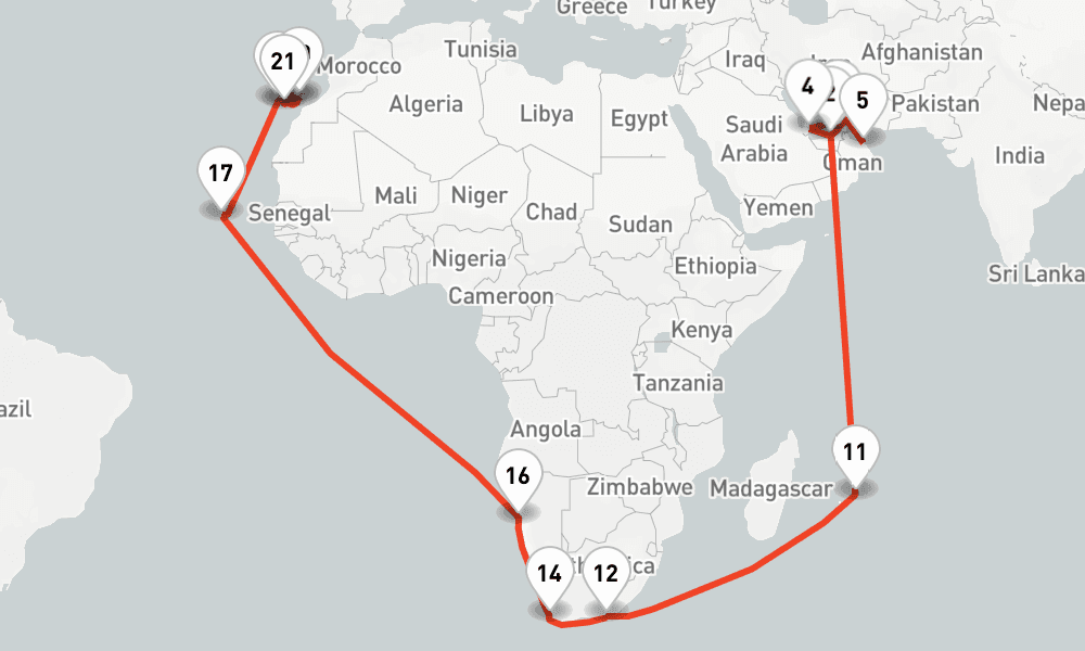 42 nights / 43 days, one-way from Dubai (Port Rashid, UAE) to Las Palmas (Gran Canaria, Canary Islands)