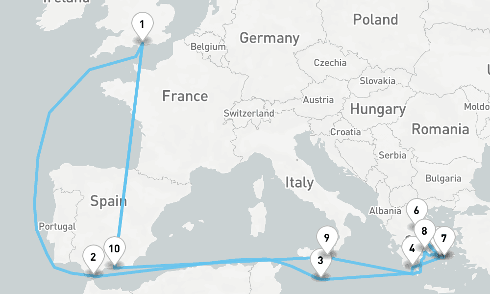 22 nights / 23 days, Portsmouth (England) Round trip