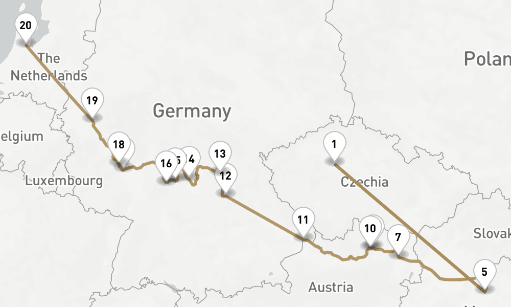 17 nights / 18 days, one-way from Prague (Czech Republic) to Amsterdam (Holland)