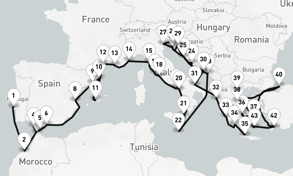 50 nights / 51 days, one-way from Lisbon to Piraeus (Athens, Greece)
