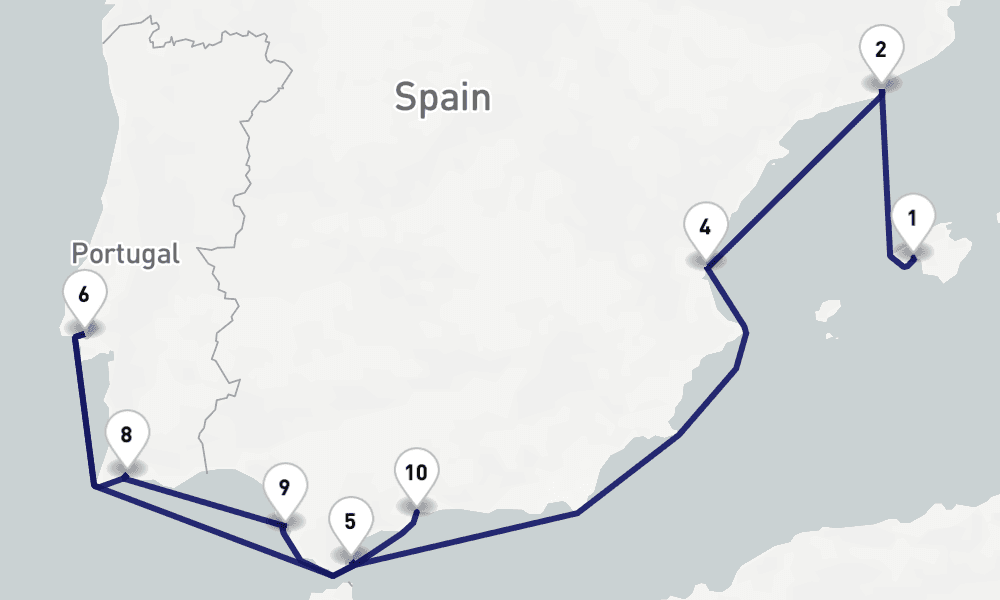 10 nights / 11 days, one-way from Palma de Mallorca (Majorca Island, Spain) to Malaga