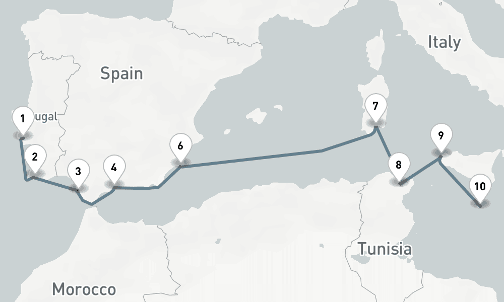 11 nights / 12 days, one-way from Lisbon to Valletta