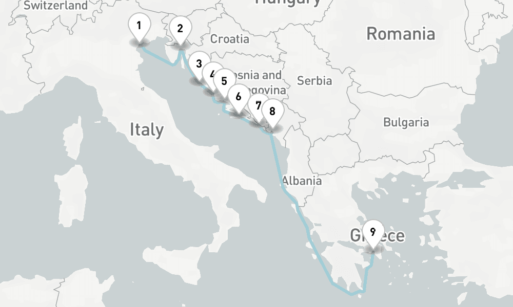 9 nights / 10 days, one-way from Venice to Piraeus (Athens, Greece)