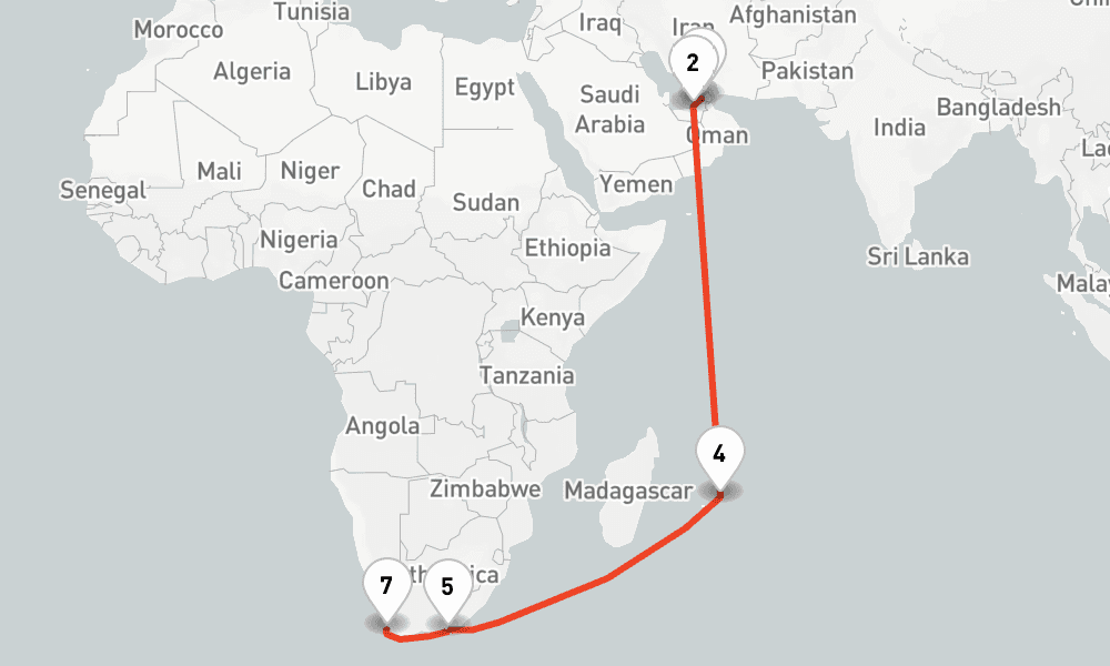 18 nights / 19 days, one-way from Dubai (Port Rashid, UAE) to Cape Town
