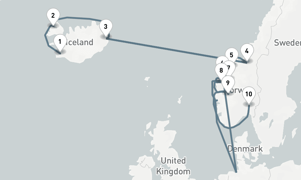 14 nights / 15 days, one-way from Reykjavik to Oslo