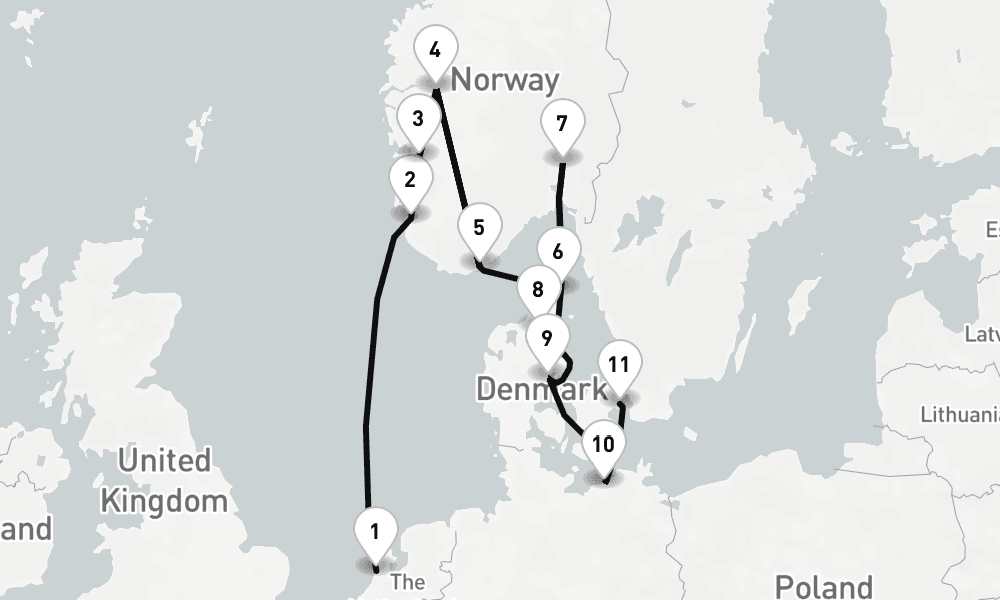 12 nights / 13 days, one-way from IJmuiden (Holland) to Copenhagen