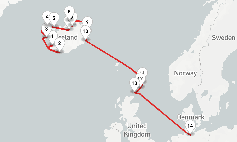 14 nights / 15 days, one-way from Reykjavik to Hamburg