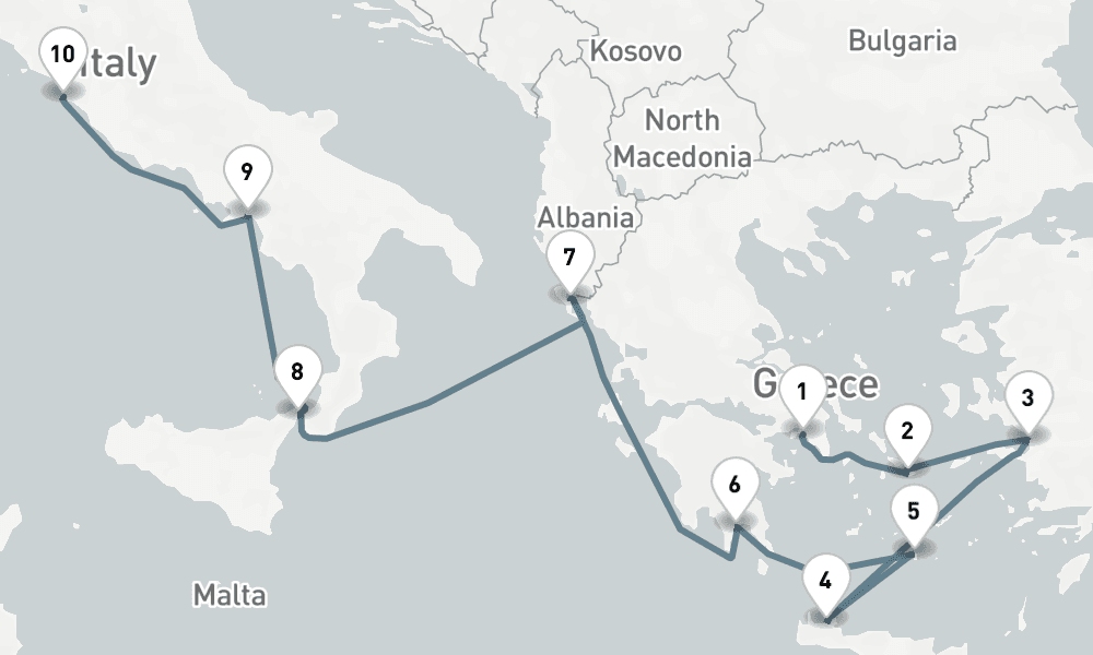 10 nights / 11 days, one-way from Piraeus (Athens, Greece) to Civitavecchia (Rome, Italy)