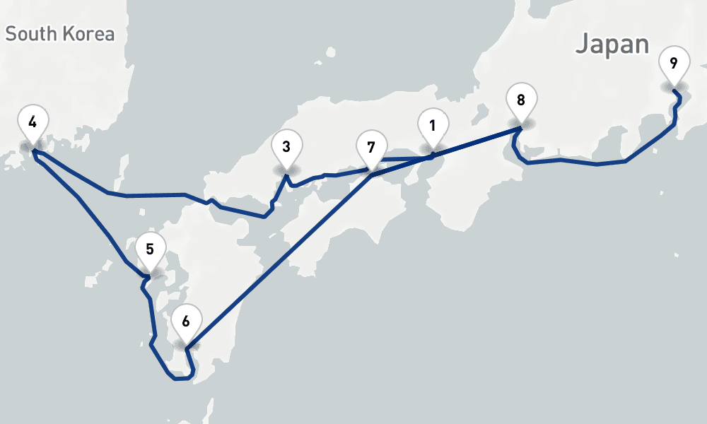 9 nights / 10 days, one-way from Kobe (Osaka-Kyoto, Japan) to Tokyo