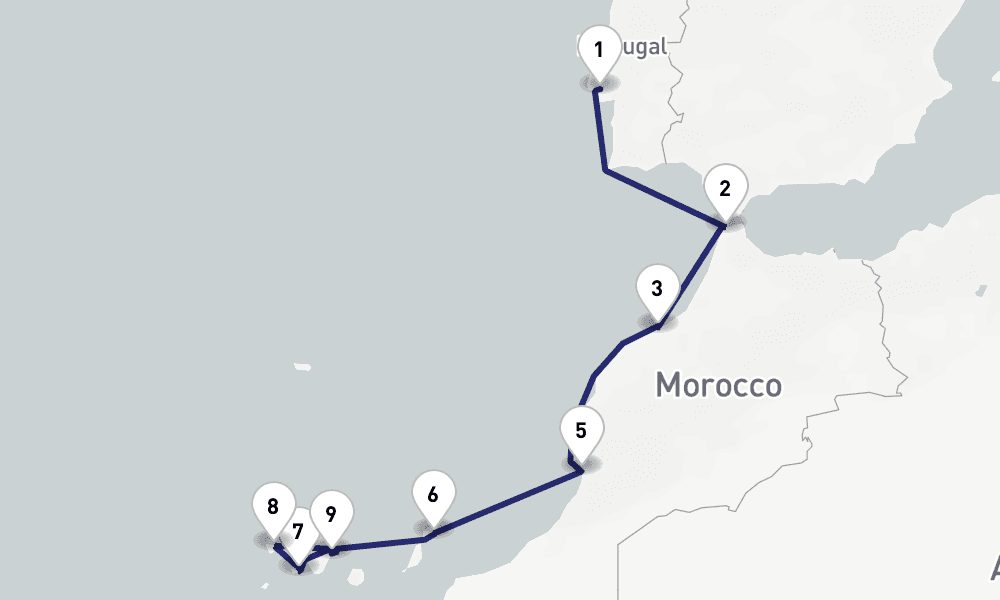 11 nights / 12 days, one-way from Lisbon to Santa Cruz de Tenerife (Canary Islands)