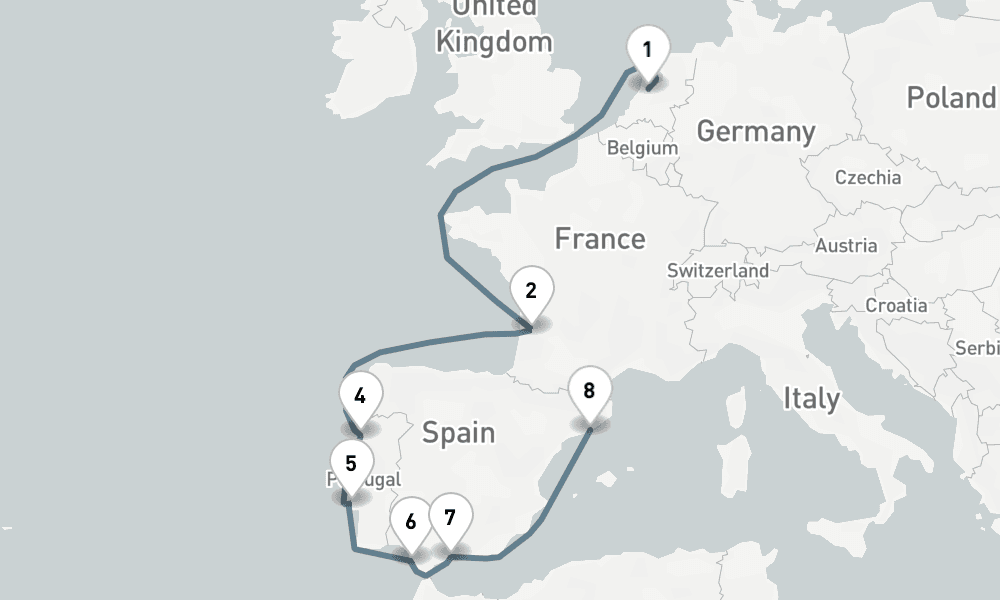 11 nights / 12 days, one-way from Amsterdam (Holland) to Barcelona