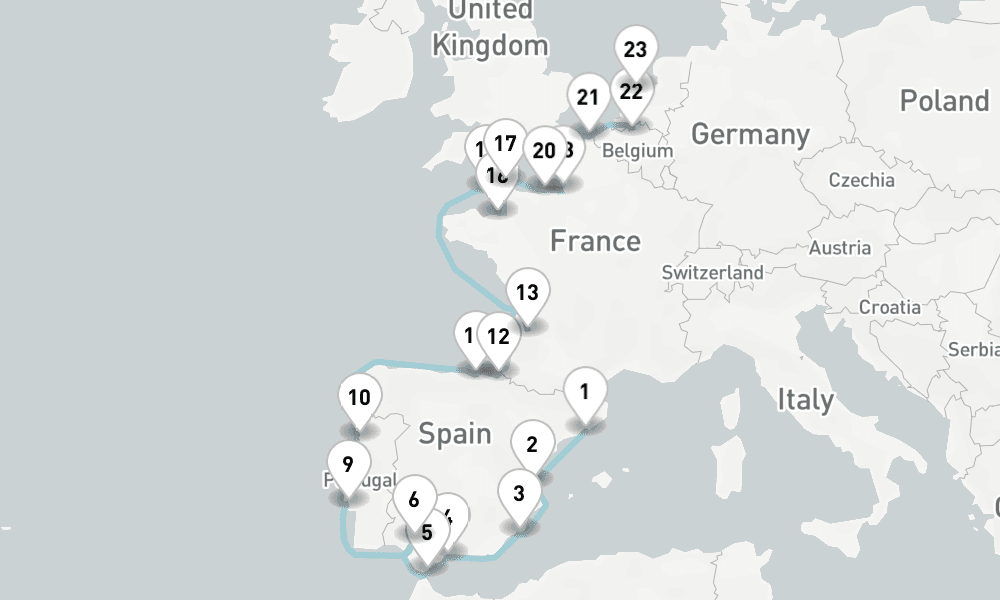 25 nights / 26 days, one-way from Barcelona to IJmuiden (Holland)