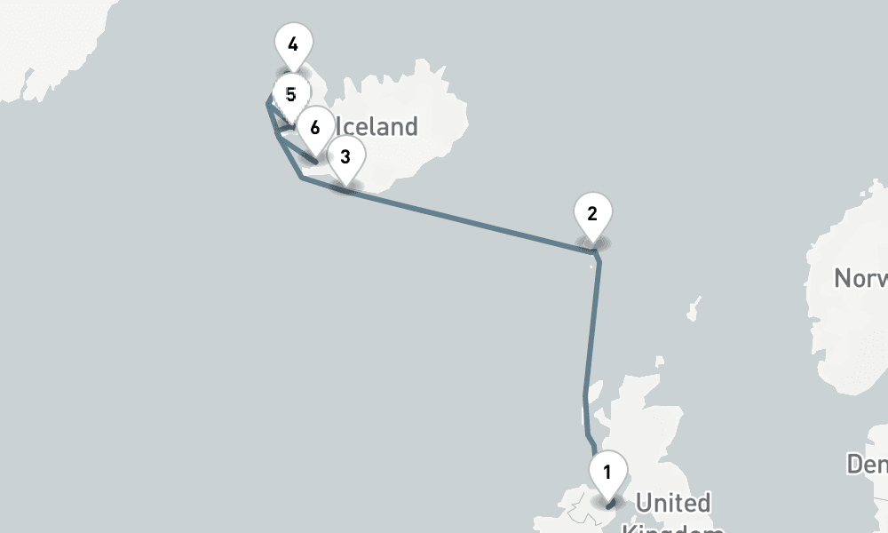 7 nights / 8 days, one-way from Belfast (Northern Ireland) to Reykjavik