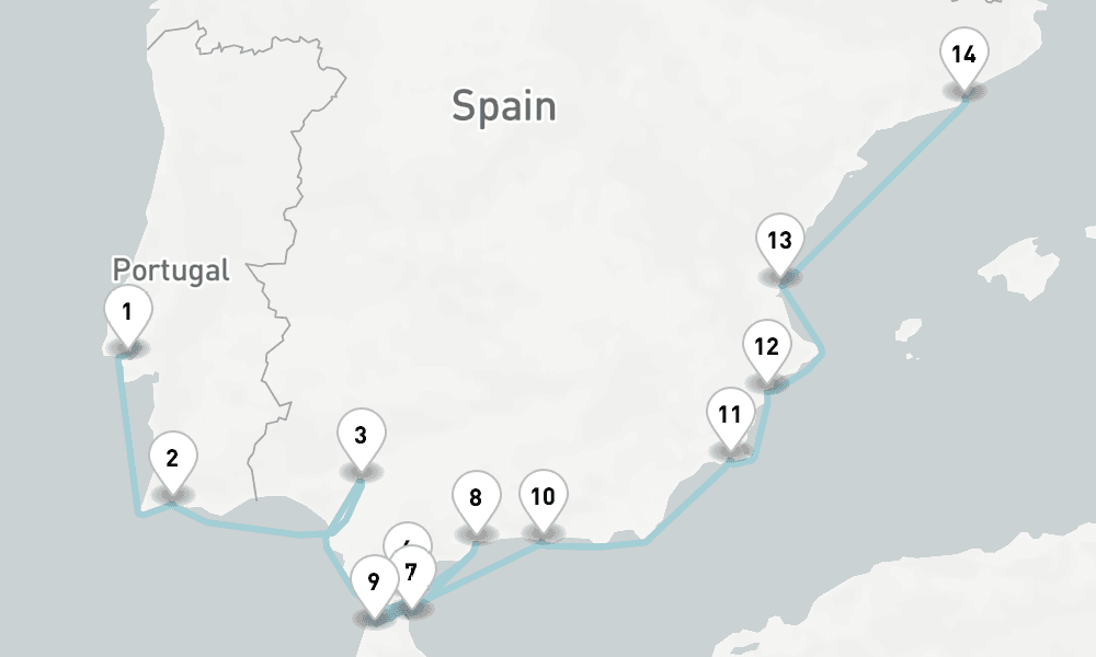 14 nights / 15 days, one-way from Lisbon to Barcelona