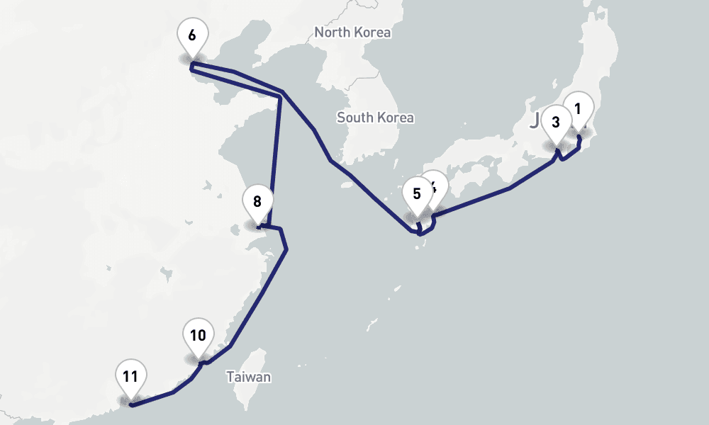 18 nights / 19 days, one-way from Tokyo to Hong Kong