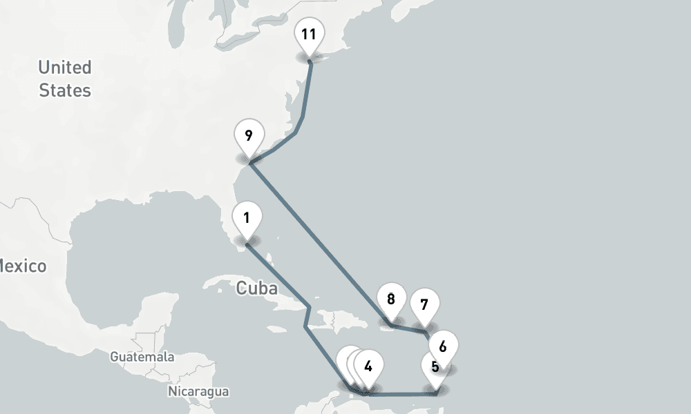 16 nights / 17 days, one-way from Miami (Florida) to New York (Cape Liberty NYC)