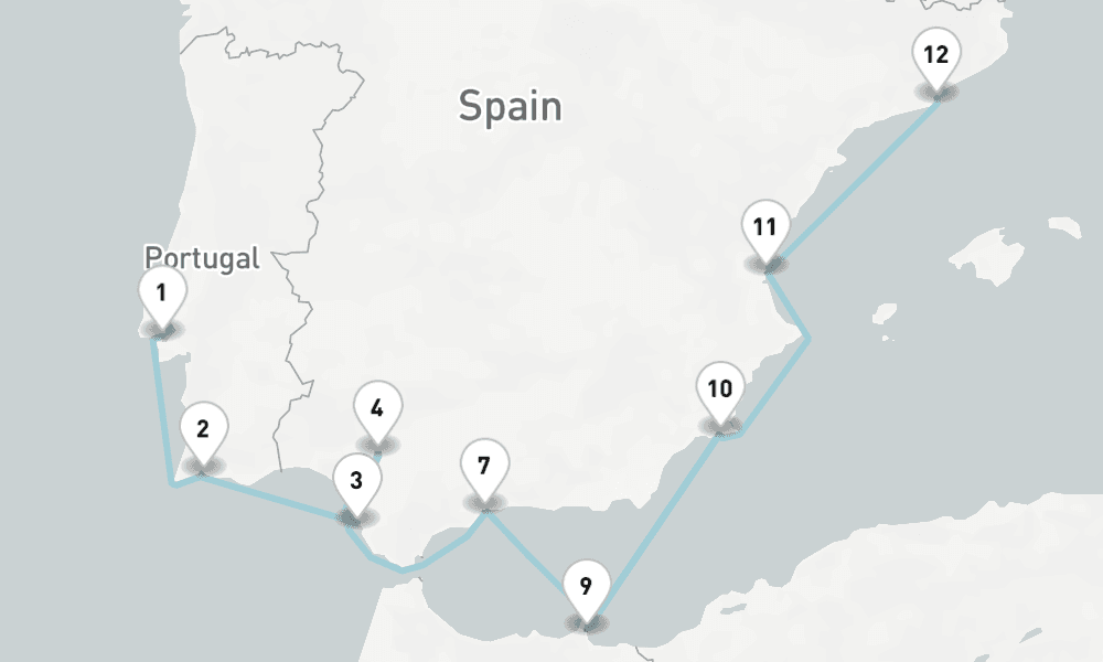 11 nights / 12 days, one-way from Lisbon to Barcelona
