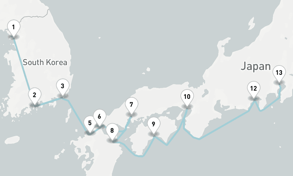 14 nights / 15 days, one-way from Incheon (Seoul, South Korea) to Tokyo