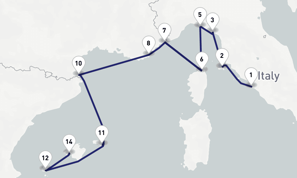 12 nights / 13 days, one-way from Civitavecchia (Rome, Italy) to Palma de Mallorca (Majorca Island, Spain)